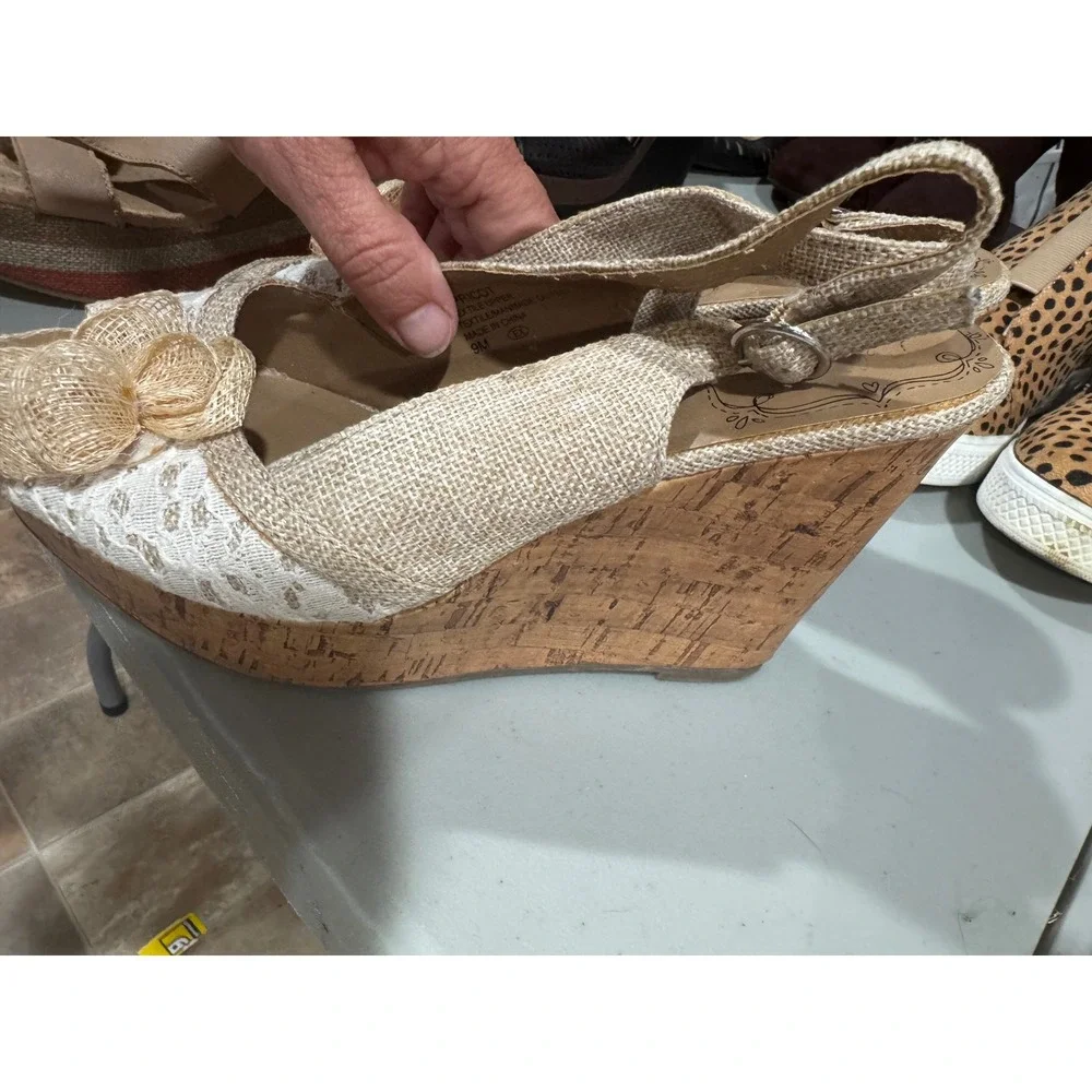 Lilly Pulitzer Apricot Lace Burlap Cork Wedge Sandals Floral Slingback Tan 9M